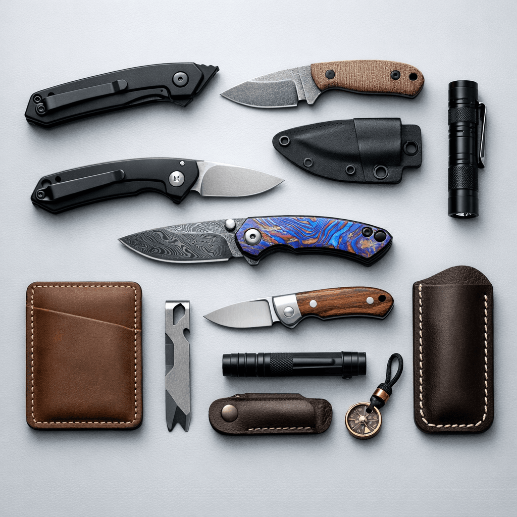 Curated everyday carry assortment with folding knives, fixed blade, flashlight, wallet, slip, and tools